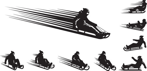 Naklejka premium Silhouette of people sledding down a snowy hill fast