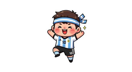 Obraz premium A cartoon boy wearing a soccer jersey and celebrating with a joyful expression on his face