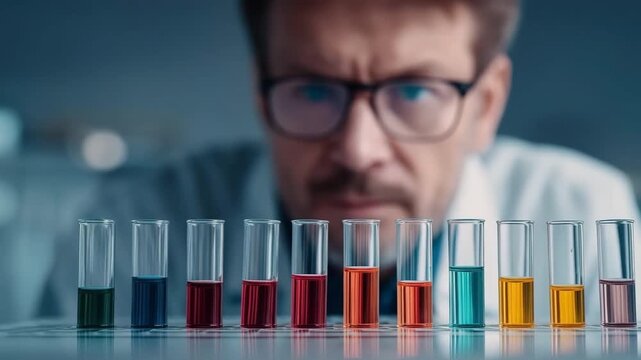A scientist focused on analyzing test tubes filled with colorful liquids. The scientist is wearing glasses and is looking closely at the experiment