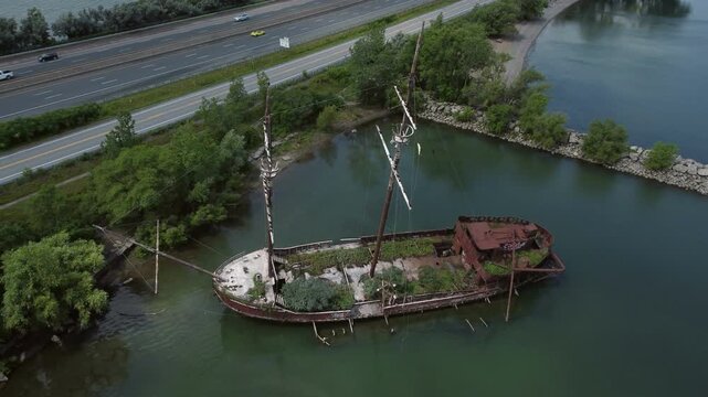 La Grande Hermine, the Jordan Harbour Shipwreck vessel visible along the QEW in Ontario, Canada, on Lake Ontario. Aerial shot with the QEW in the background. 
