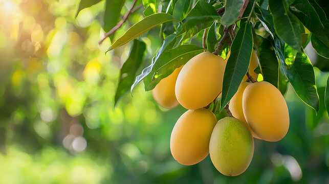 Ripe marian plum fruits hanging on a tree branch with fresh green leaves.