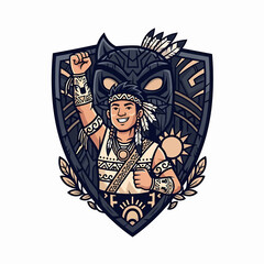 Obraz premium Native Chief Warrior Shield Emblem with Headdress