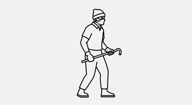 Burglar with crowbar, masked, wearing beanie, planning crime, illustration