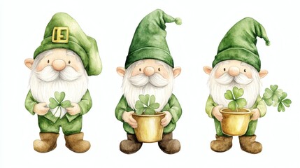 Three cute watercolor leprechauns in green hats holding shamrocks and pots, whimsical st. patrick's day illustration