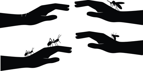 insect on human hand silhouettes, mosquito and ant pests, bug bite risk concept, pest control awareness illustration © Mst