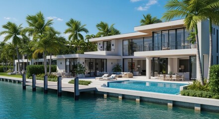 Fototapeta premium A modern, luxurious waterfront mansion with a pool and palm trees in the foreground, overlooking a calm blue water body.
