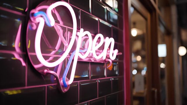 Neon Open sign with flicker 4k video on cafe wall