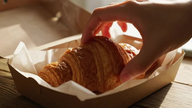 Freshly baked golden croissant being carefully lifted out of a cardboard box with steam rising