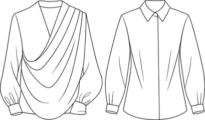Technical fashion sketch of two women elegant blouses featuring a draped wrap top and a classic button down shirt isolated on a white background © MstNasrin