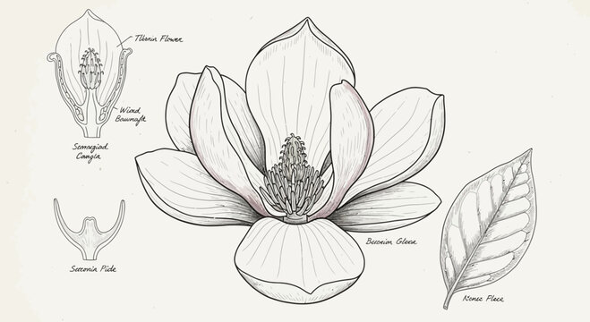 Magnolia Flower Anatomy Illustration: Detailed Botanical Drawing with Leaf and Cross-Sections