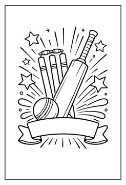 Vector outline illustration of cricket equipment including bat wickets and ball with celebratory stars and blank ribbon banner design.
