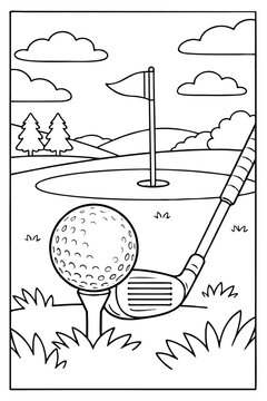 Outline vector graphic illustration showing golf ball on tee ready to strike with club near flag on green for coloring book design.