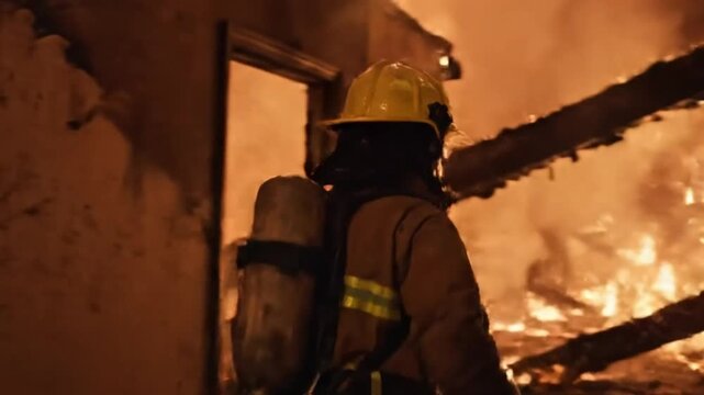 Firefighter walking through burning building interior