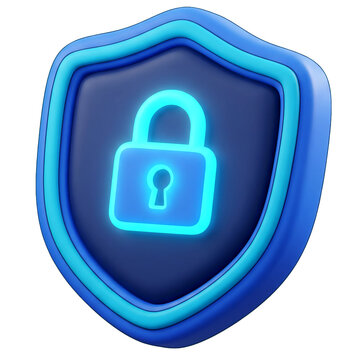 3D cartoon illustration of a plump rounded padlock in dark navy with electric blue glow around the keyhole, smooth glossy surface, transparent background.