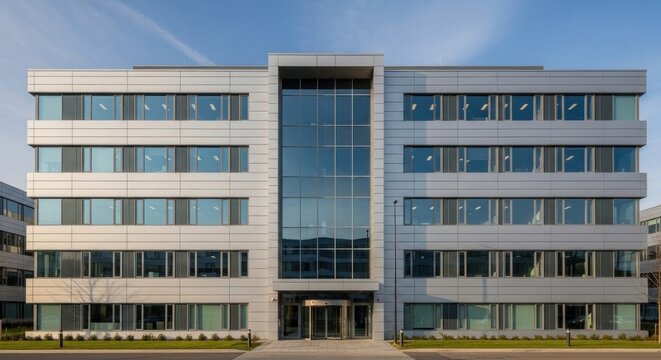 A modern office building with a glass facade and metal exterior, featuring a large glass window and a clear blue sky in the background.