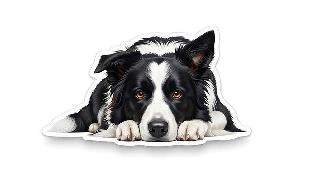 Black and white border collie dog resting its head on its paws, looking forward with a calm expression