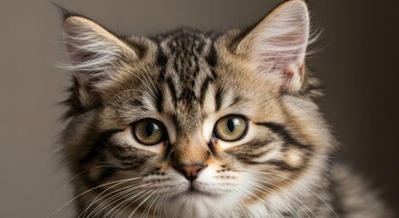 Obraz premium Close-up of a fluffy tabby cat's face with golden eyes, focused on the camera