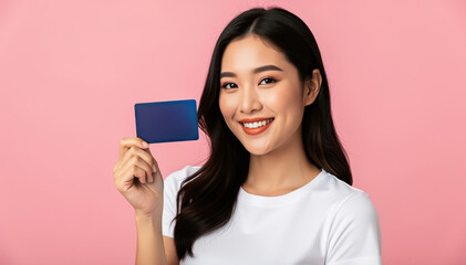Credit Card in Hand: An Asian woman with radiant smile, her gaze direct, proudly displays a credit card against a backdrop of soft blush.