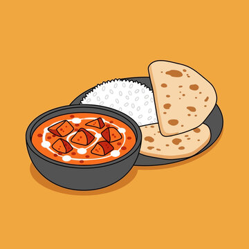 A vibrant illustration of Indian cuisine featuring paneer, rice, and naan bread on a plate.