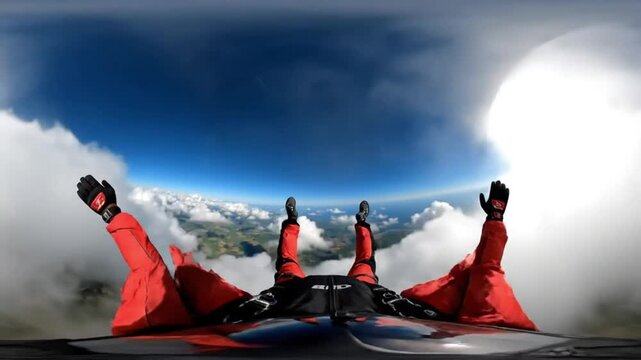 Parachutist freefalling through clouds
