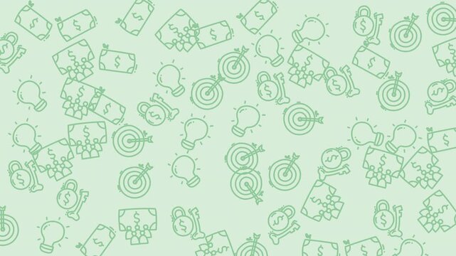 Scattered icons depict money, lightbulbs, and target symbols on a green background. Suitable for finance, savings, investment, and business concepts.