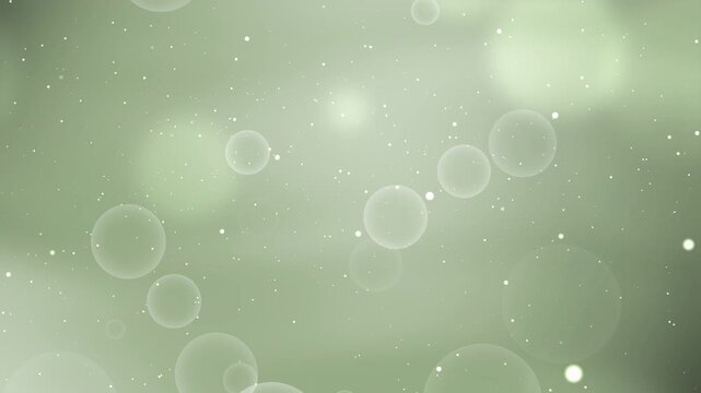 Abstract sage green background with floating transparent bubbles and shimmering white dust particles on soft mint gradient for professional eco-friendly branding and elegant motion graphics.