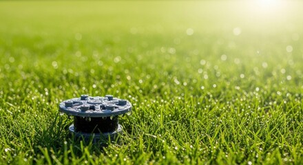 Water saving sprinkler system head partially submerged in lush green grass with morning dew
