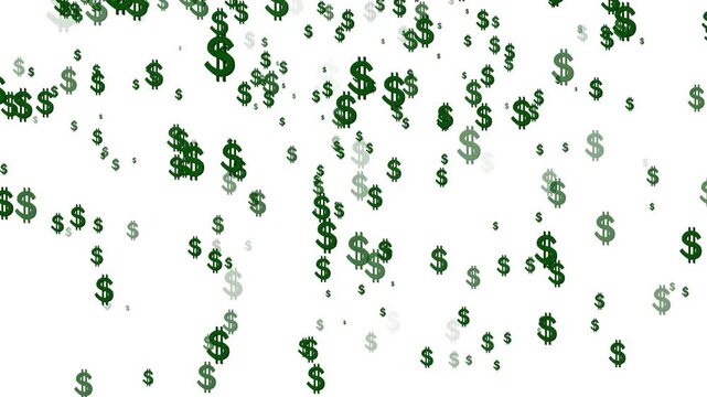 Green dollar signs raining down white background money falling animation seamless loop
