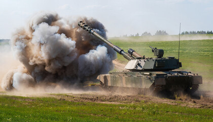 Wide shot of modern self propelled artillery cannon firing
