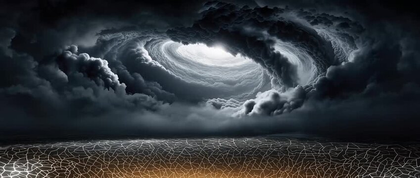 Dramatic cloud formation and ocean landscape with swirling vortex illustration