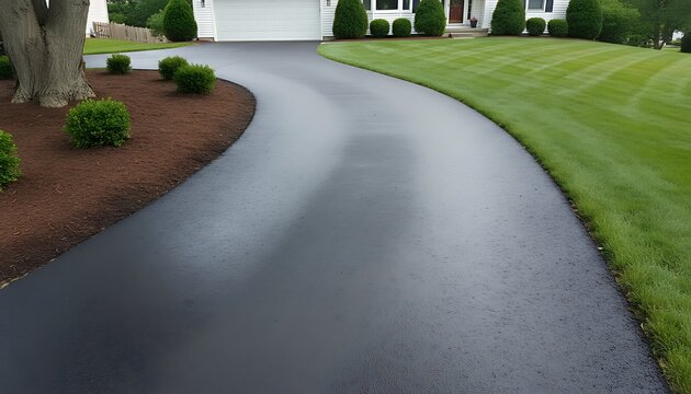 Freshly applied black sealcoat glistens on a newly restored asphalt driveway,  clean edges and subtle texture visible, Roads and Transportation Infrastructure