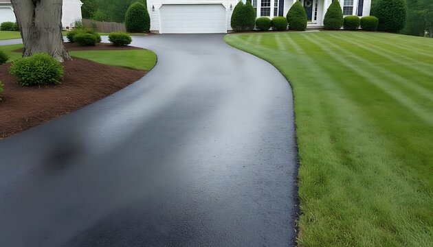 Freshly applied black sealcoat glistens on a newly restored asphalt driveway,  clean edges and subtle texture visible, Roads and Transportation Infrastructure
