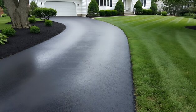 Freshly applied black sealcoat glistens on a newly restored asphalt driveway,  clean edges and subtle texture visible, Roads and Transportation Infrastructure