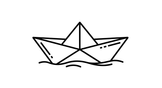 Simple paper boat sailing on wavy water, minimalist line art illustration