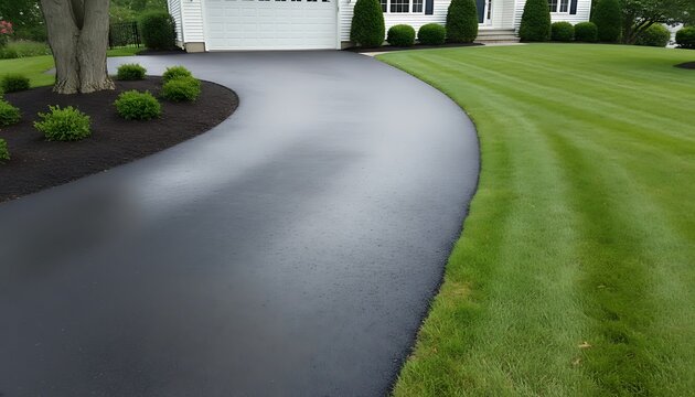 Freshly applied black sealcoat glistens on a newly restored asphalt driveway,  clean edges and subtle texture visible, Roads and Transportation Infrastructure