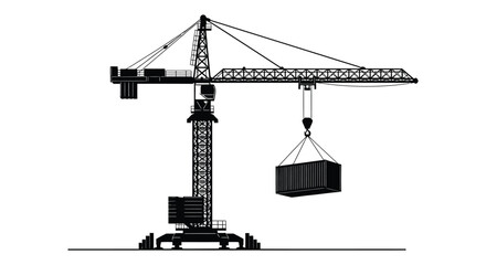 Black and white illustration of a tower crane lifting a shipping container © arfanah02