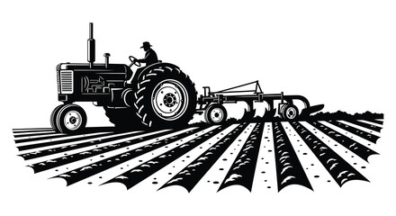 A vintage tractor plows a field depicted in a stark black and white woodcut style