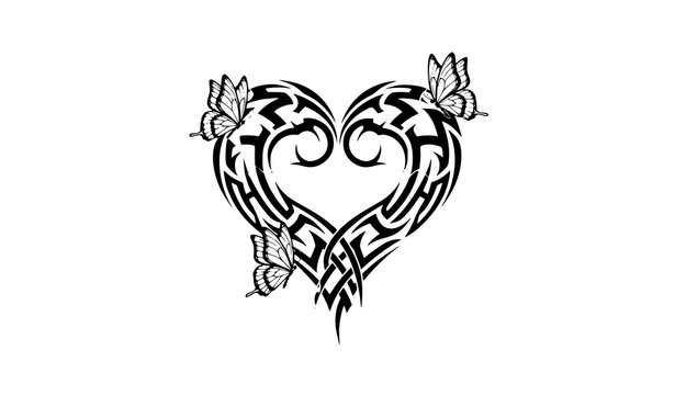A black and white Celtic knot heart design with butterflies and leaves