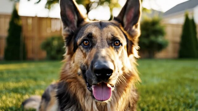 German shepherd dog panting with tongue out looking alert and relaxed in a grassy backyard setting during golden hour