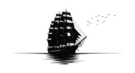 Elegant sailing ship silhouette with a flock of birds against a calm sea © arfanah02
