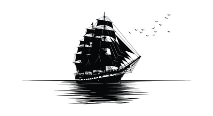 A striking black and white illustration of a tall sailing ship with birds © arfanah02