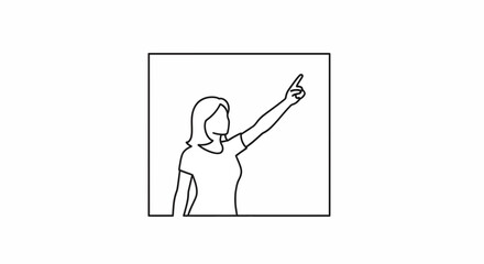 Fototapeta premium Woman pointing up in a square frame, simple line art illustration.