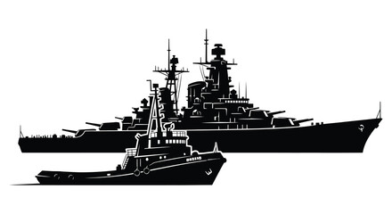 Stylized black silhouette of a battleship and tugboat on water © arfanah02