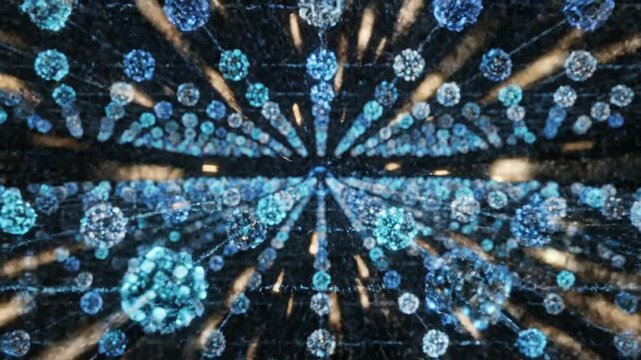 Abstract digital network with glowing geometric patterns and interconnected nodes creating a sense of futuristic data flow and connectivity