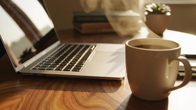 Warm morning sunlight illuminates a laptop and a steaming cup of coffee on a wooden desk, creating a cozy and productive atmosphere for work or study