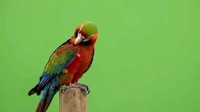 Vibrant red and green macaw parrot perched on a wooden post against a bright green screen background, looking down with colorful plumage, ideal for wildlife and nature projects.