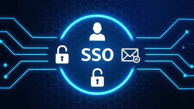 Animated sso concept with digital icons representing single sign on, user authentication, and access management for secure and streamlined login across multiple applications 4k video