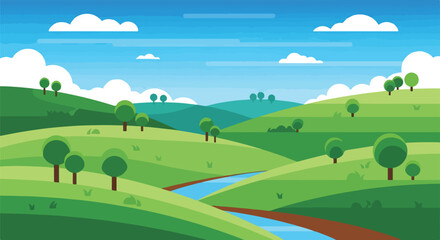 Obraz premium A vibrant, minimalist digital landscape scene with hills and trees