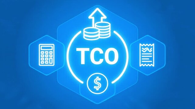 TCO Total cost of ownership concept with icons of invoice,coins, calculator and sum of cost. 4k video ,