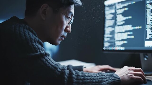 A concentrated young man in glasses intensely coding at his computer late at night, creating a mood of dedication and highlighting the work-from-home 
